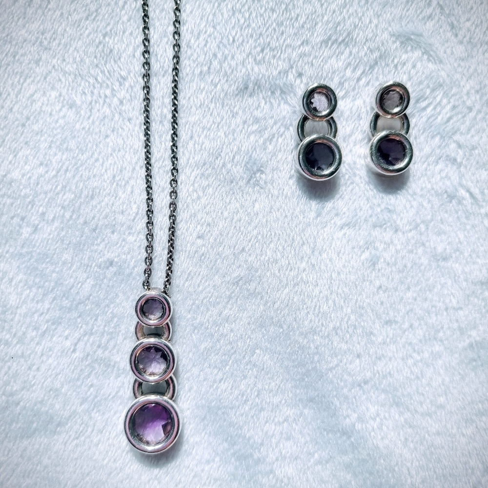 Movado Sterling Silver Bezel Set Amethyst Pendant Necklace w/ Matching Earrings